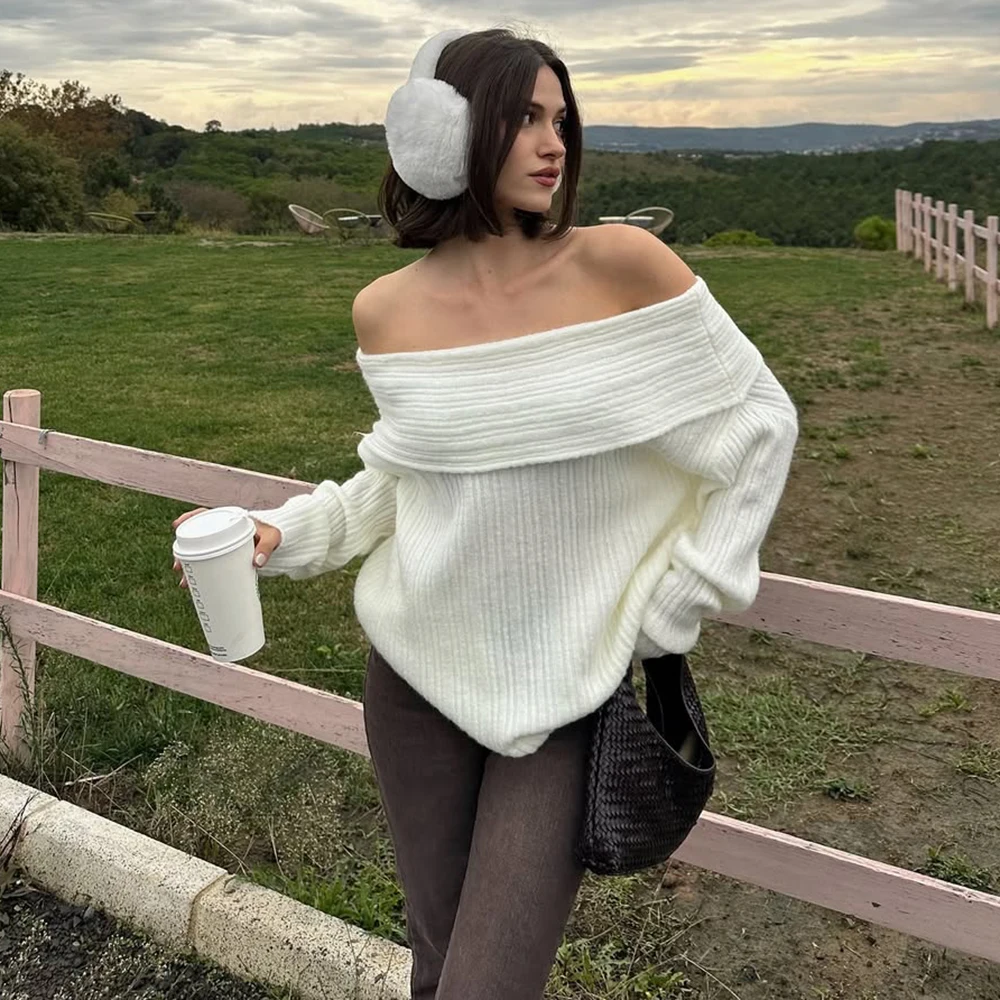 

Talenza Off-Shoulder Solid Knit Sweater Women Casual Loose Long Sleeve Patchwork Oversized Sweater Slim Fashion Pullover Female