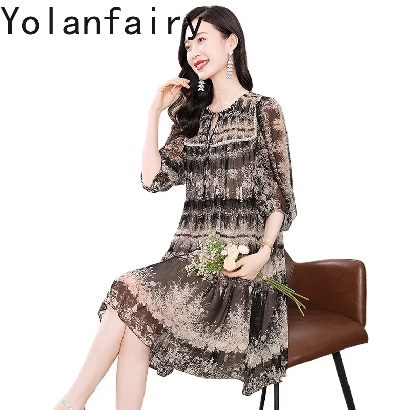 

YOLANFAIRY Высокое качество 100% натуральный шелк тутового шелка платья для женщин летнее винтажное черное платье с принтом рукава три четверти