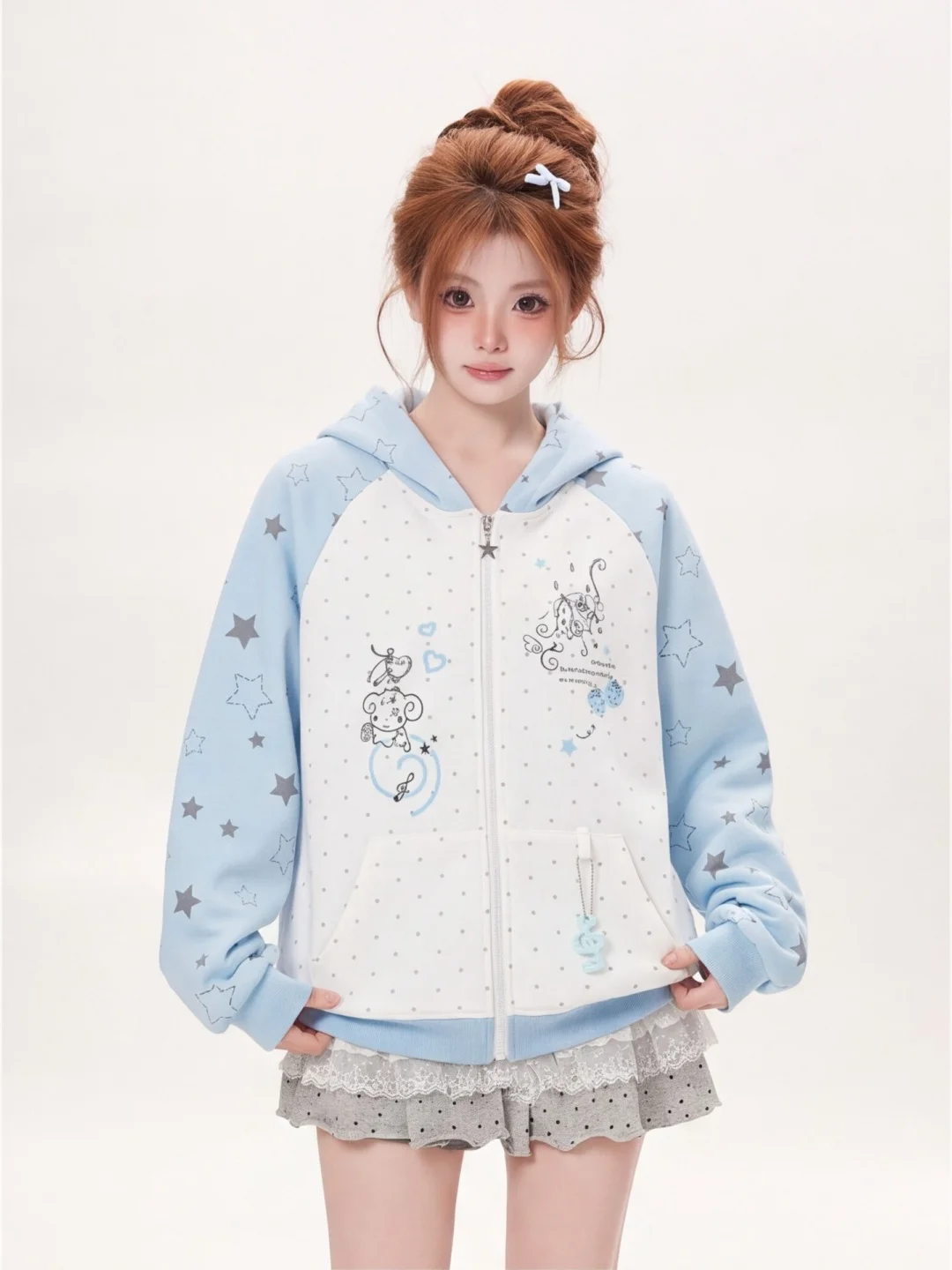 Sweet Cool Y2K Ant Hooded Open Cardigan Women's Loose Star Print Outerwear Korean Style Autumn Fashion Ladies' Sweatshirt