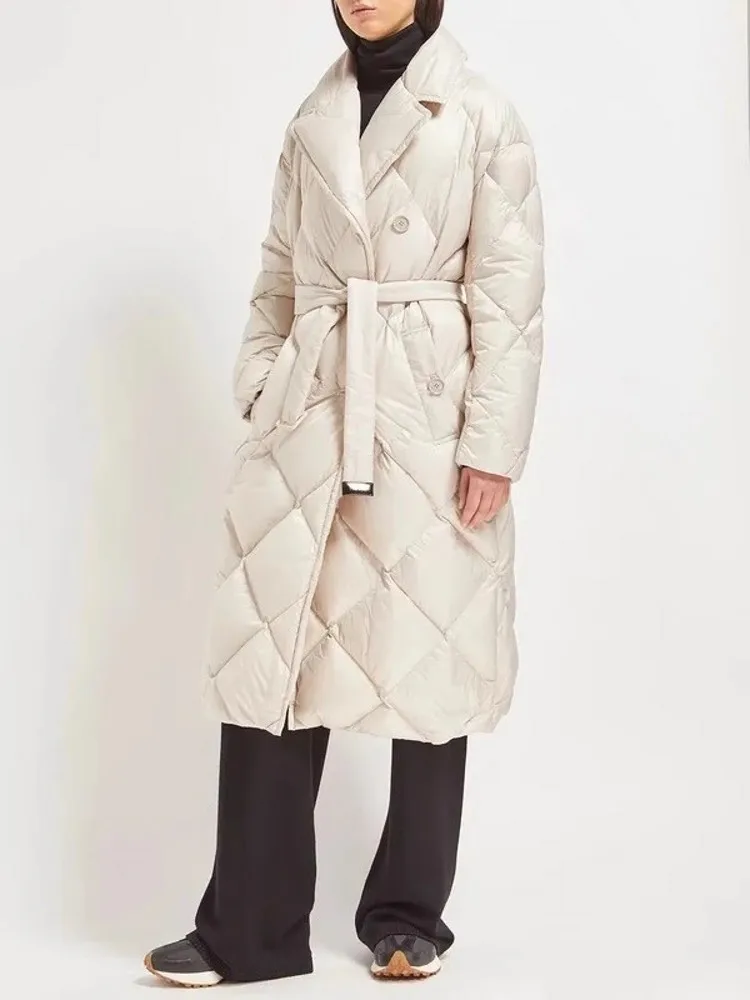 Vintage Women Long White Duck Down Jacket Belted Slim Fit Thick Warm Overcoat Female Winter Outside Windbreaker Coat Outerwear