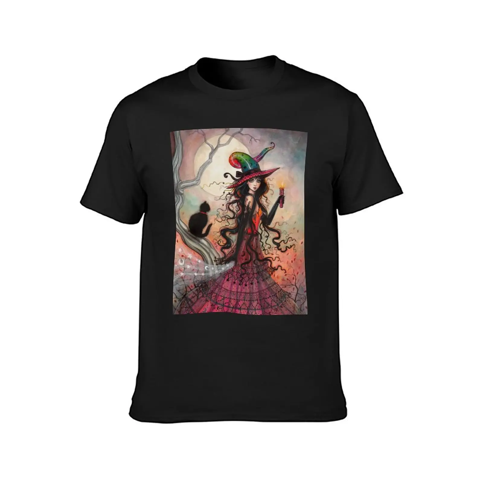 October Flame Witch Cat Fantasy Art by Molly Harrison T-Shirt anime hippie clothes summer clothes funny t shirts for men