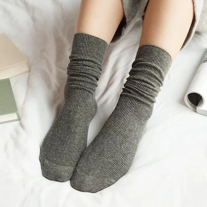 CHAOZHU  Japanese Korean High School Girls High Socks Loose Solid Colors Double Needles Knitting Cotton Long Socks For Women