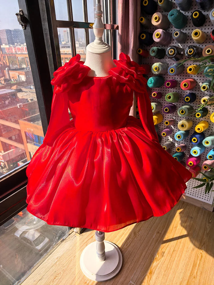 Children's Dress Girl Princess Dress Holiday Party Dress Elegant Baby Girl Christmas New Year Dress Red Fluffy Bow Host Costume