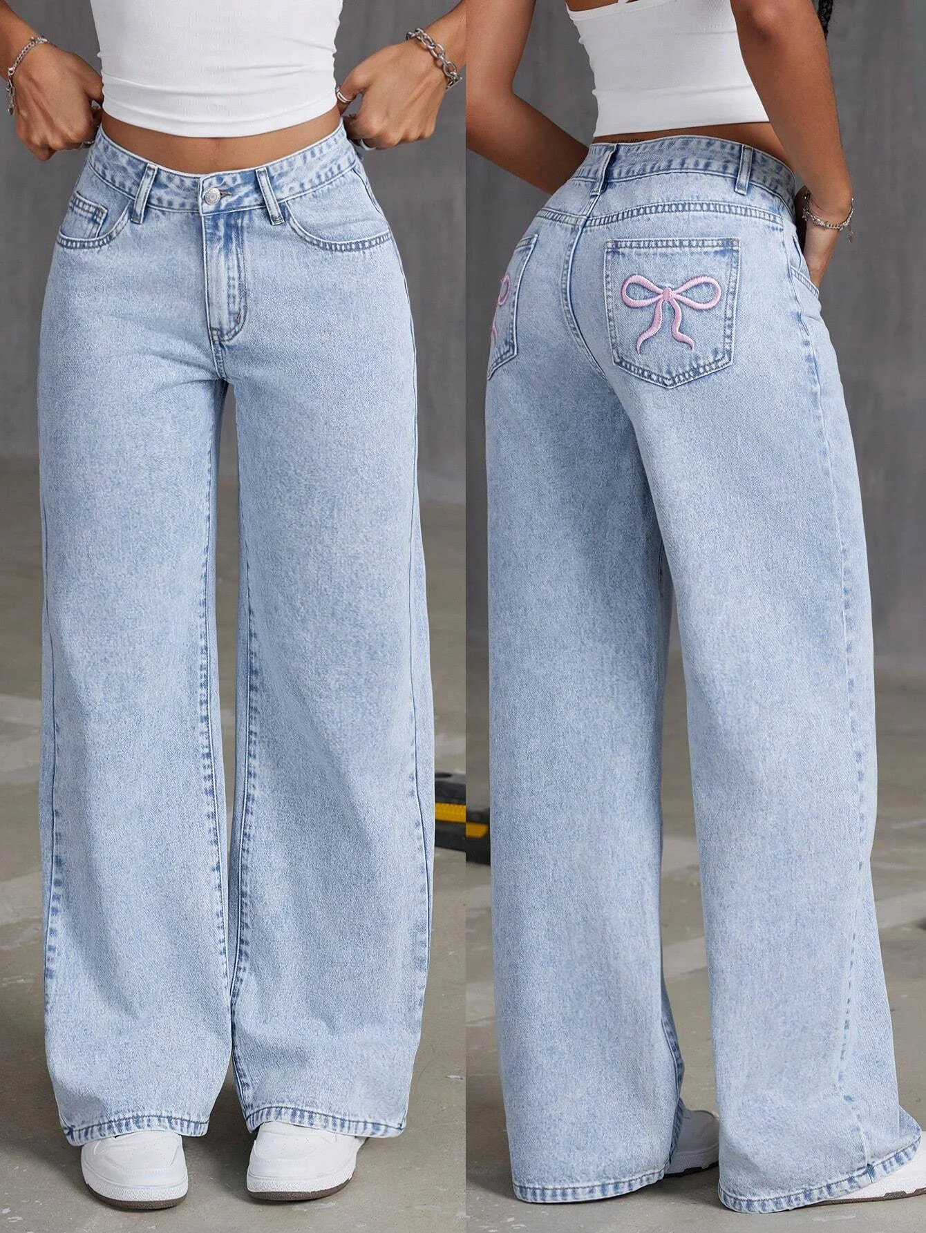 2024 New Korean Style Women's Jeans Simple Personalized Pocket Embroidery Loose Casual Wide-Leg Design Versatile Commuting Choic