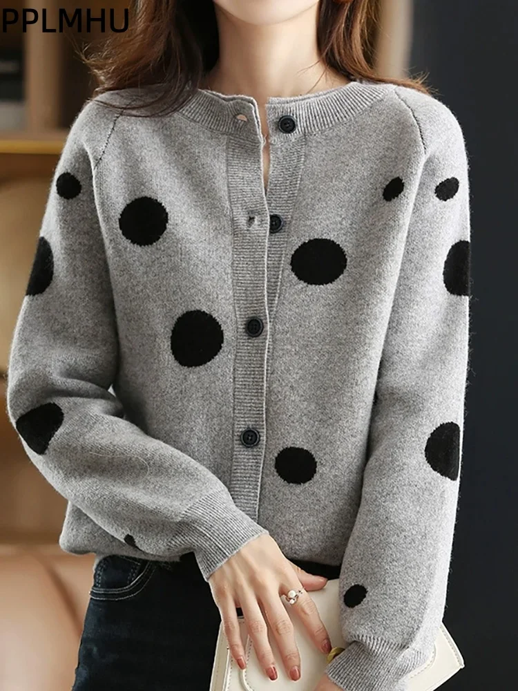 

Женский повседневный вязаный кардиган в горошек с круглым вырезом и длинными рукавами, мешковатый мягкий трикотаж, свитер, свободный модный однобортный жилет на пуговицах