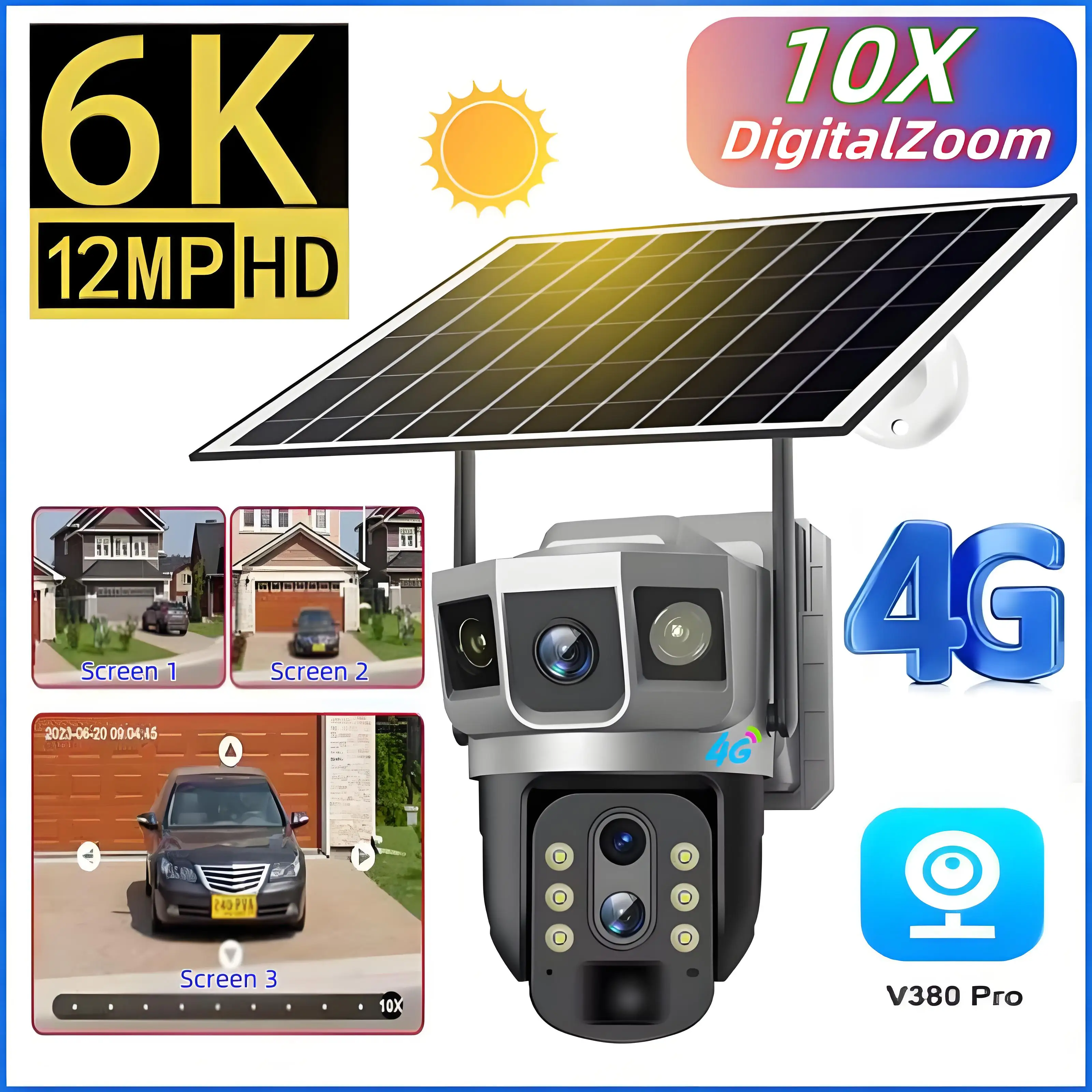 10X Zoom 6K 12MP  Solar Camera 4G SIM Surveillance Security Outdoor PIR Humanoid Tracking Color Night Vision  PTZ  CCTV Camera