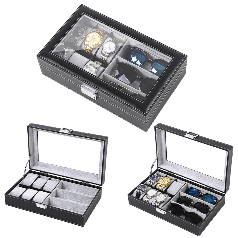 6+3 Slots PU Leather  Watch Sunglass Organizer  Box Display Holder Cases Multifunctional and Effective Storage For Men And Women