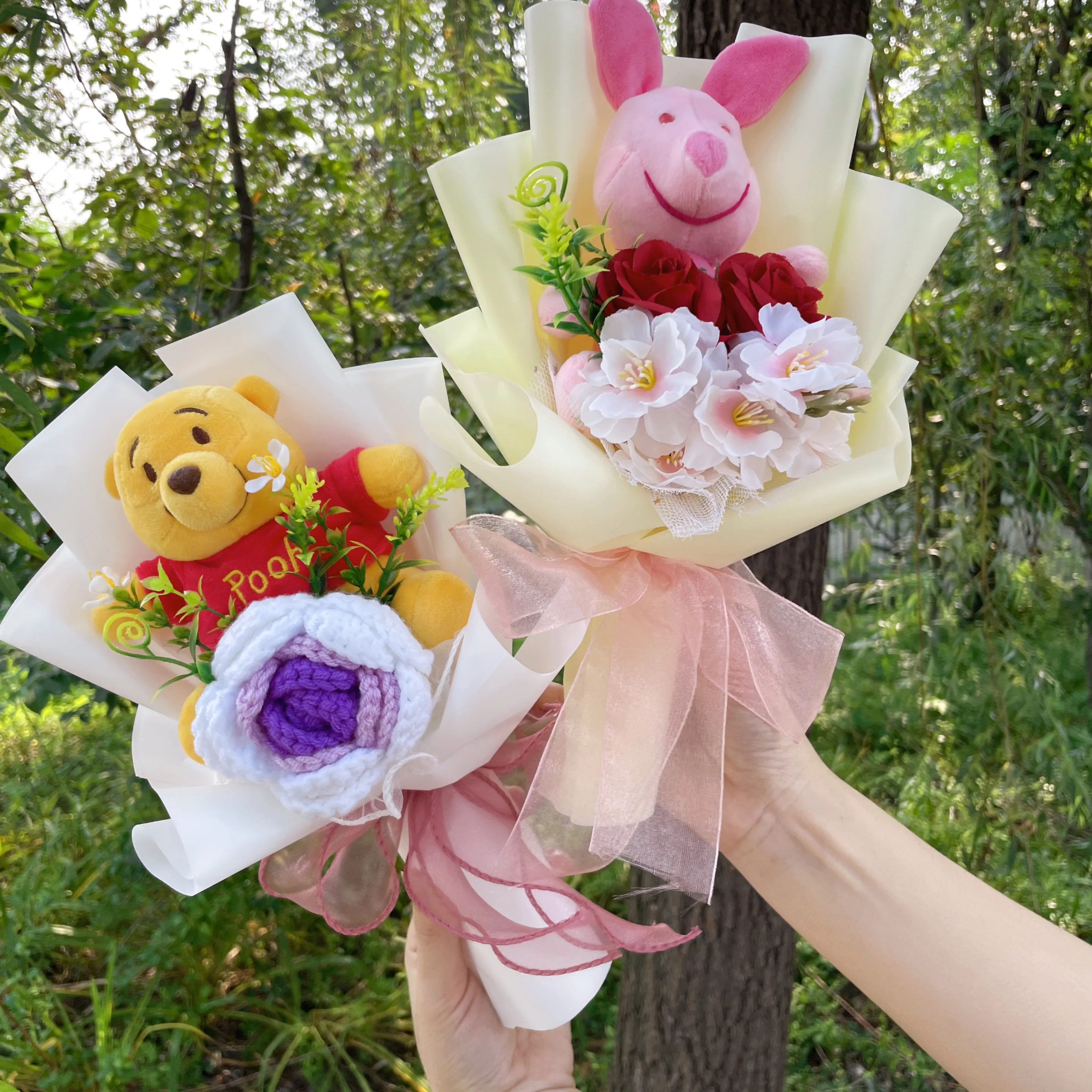 Cartoon Winnie the Pooh Plush Doll Toy Handmade Flower Bouquet Wedding Valentine\'s Day Christmas Graduation Gifts