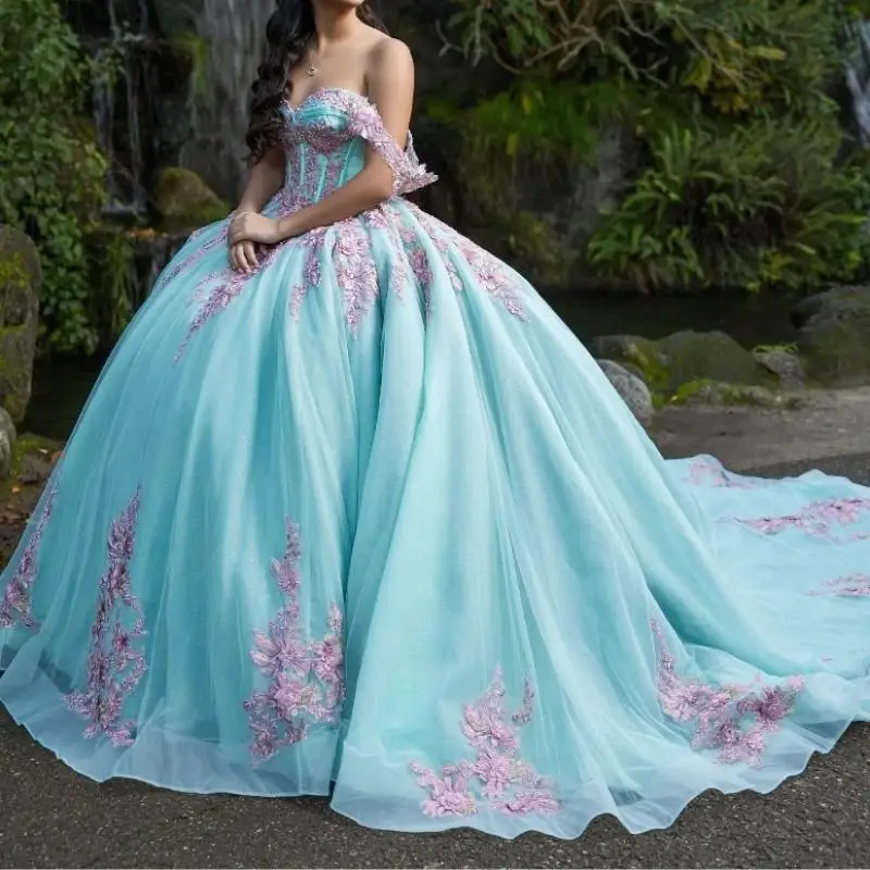 

Water Blue Shiny Quinceanera Dress Ball Gown Off The Shoulder Applique Lace Beading Crystals Tull Corset Sweet 16 Vestido De 15