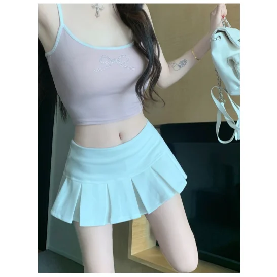 Summer New Women's Small Size American Low Waist A-Line Short Skirt Pure Desire Grey Pleated Sport Anti-Light Half Skirt