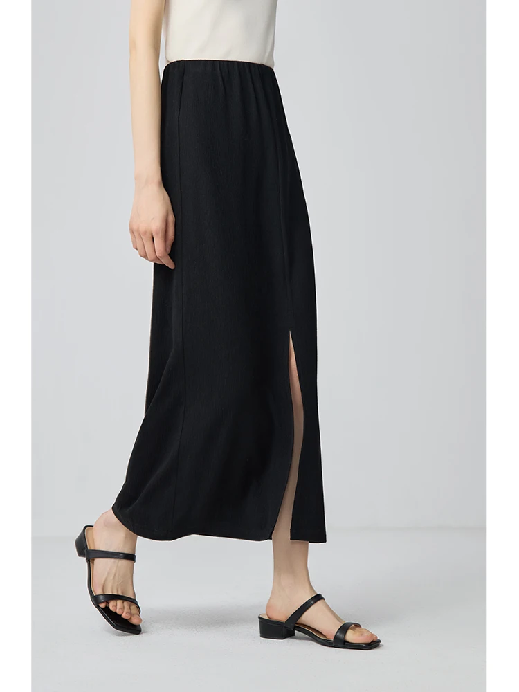 ZIQIAO Black Long Skirts Summer 52.0% Acetate Skirt Elastic Waist High Waist Front Spilt Female Long Straight Skirt 24ZQ92340