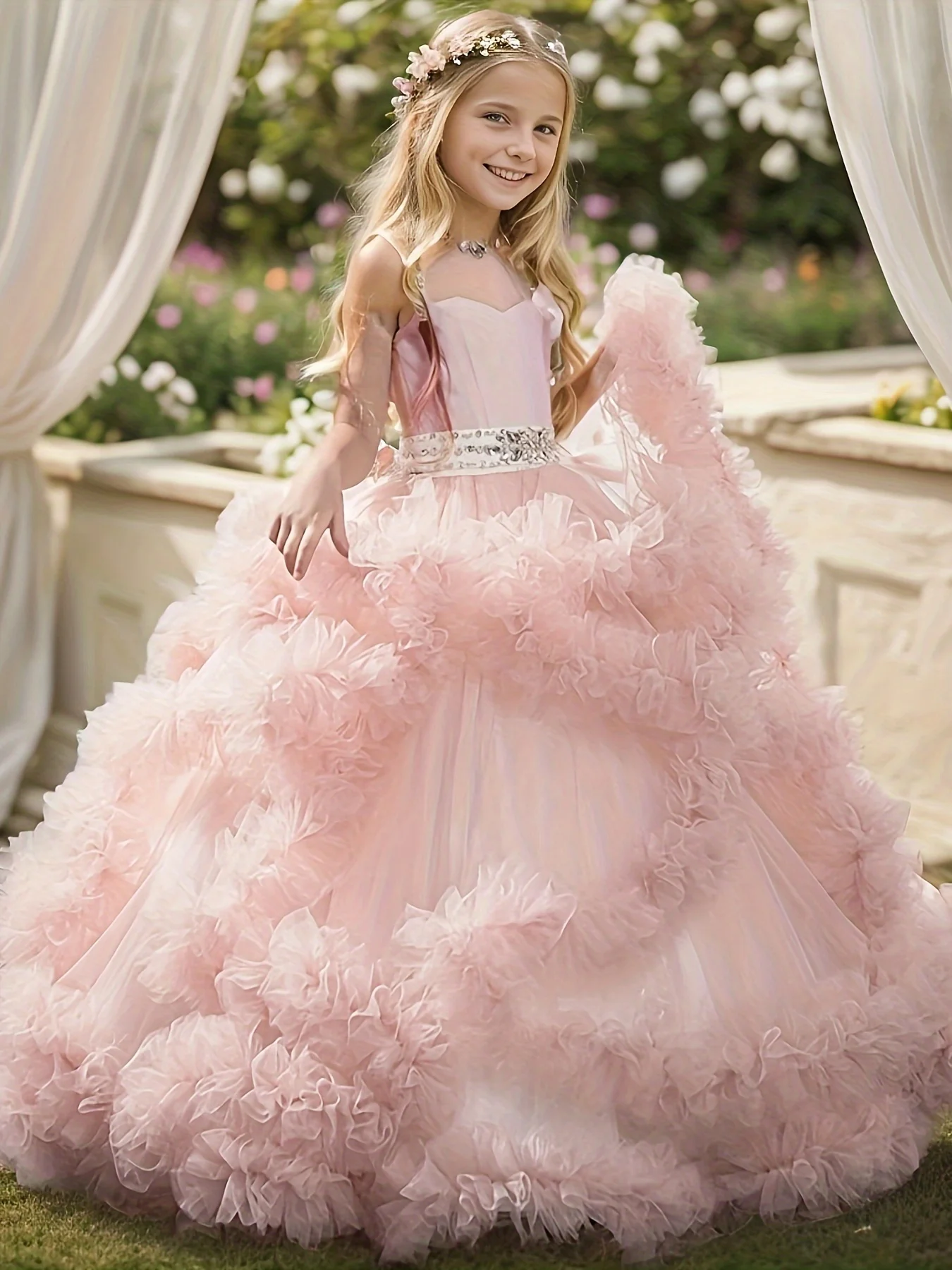 

Tulle Luxury Pageant Prom Dress Girls Beaded Ball Gown Fluffy Flower Dress Blush Pink