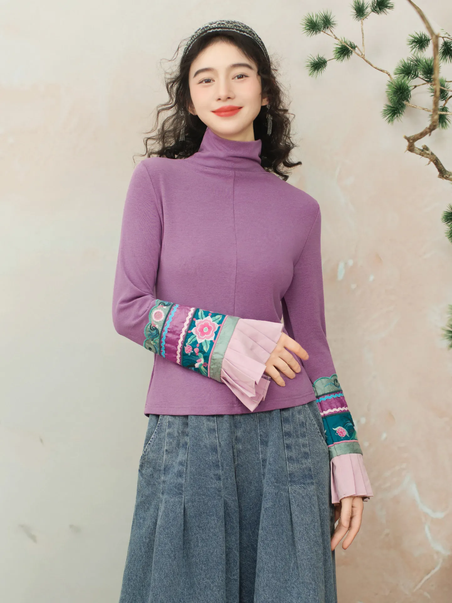 TIYIHAILEY Spring Autumn Tops For Women Long Flare Sleeve Tees Knitting Embroidery Black Shirt Patchwork Purple Turtleneck