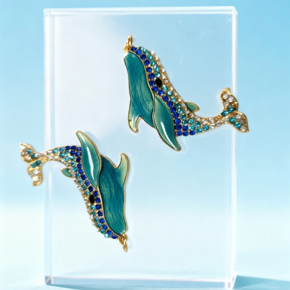 1PCS Single Piece Separate Purchase Multi color Gloss Enamel Shiny Rhinestone Gold Frame Turtle Shrimp Octopus Dolphin Pins Diy