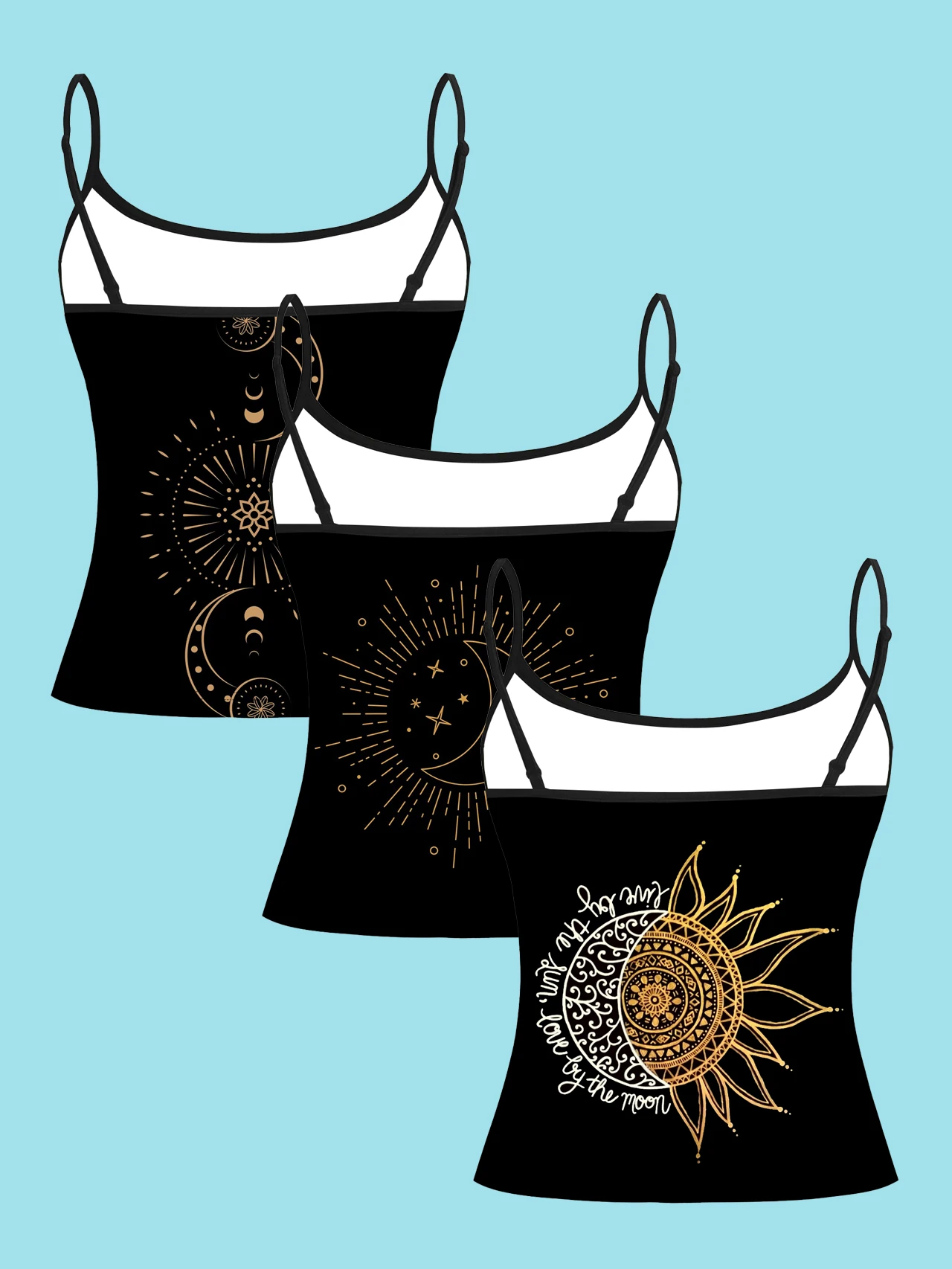 3-Piece Set of Sun and Moon Print Spaghetti Strap Camisole Tops for Women, Black Retro Mysterious Style Slim-Fit Undershirt