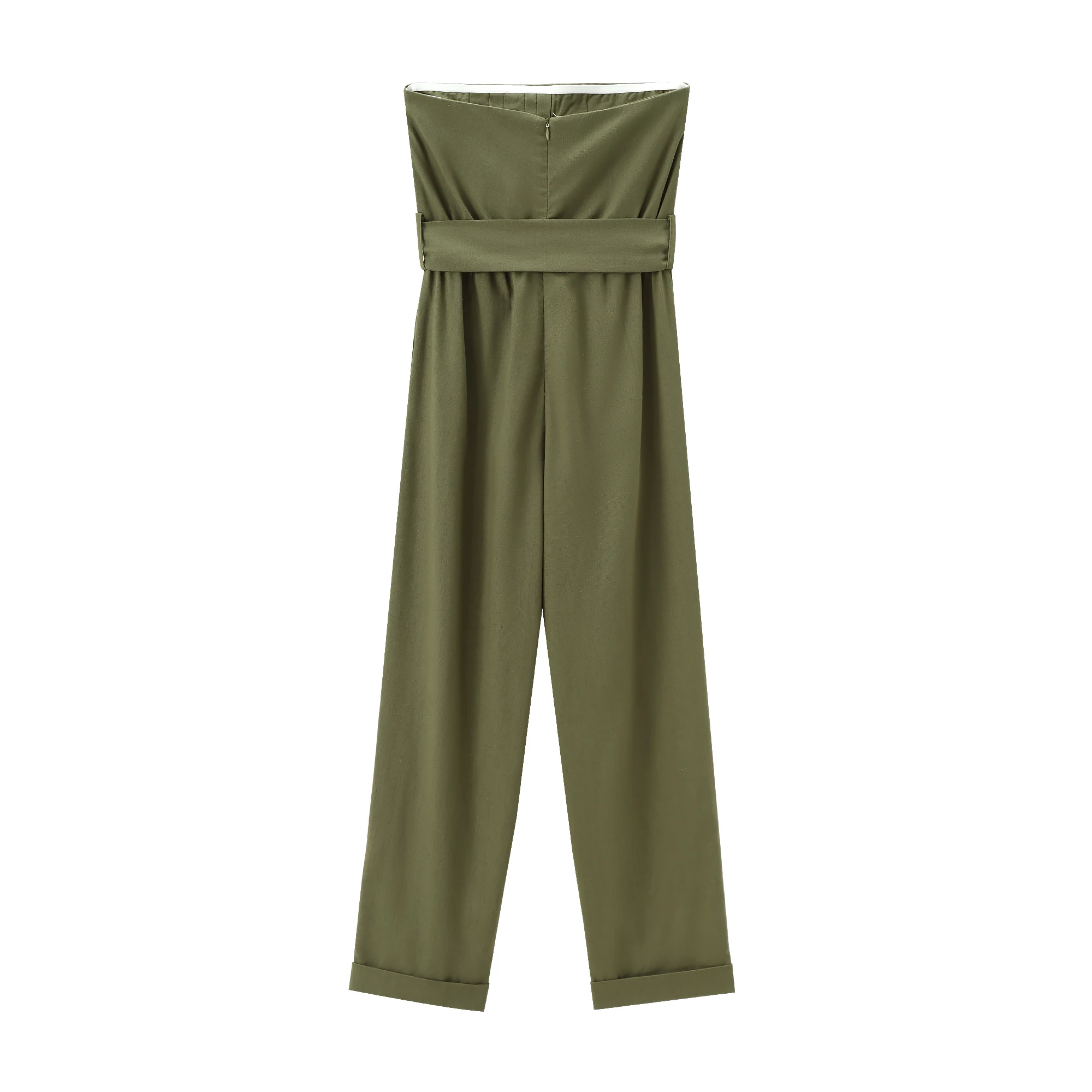 Women\'s Strapless Jumpsuit Linen Blend and Waist Belt Pleated Design Fashionable Commuting Temperament Versatile Pant New