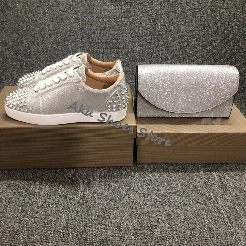 Imagem real de luxo prata rebite bling bling masculino e feminino cabeça espelho prego casual sapatos planos rendas até tênis plus size 47