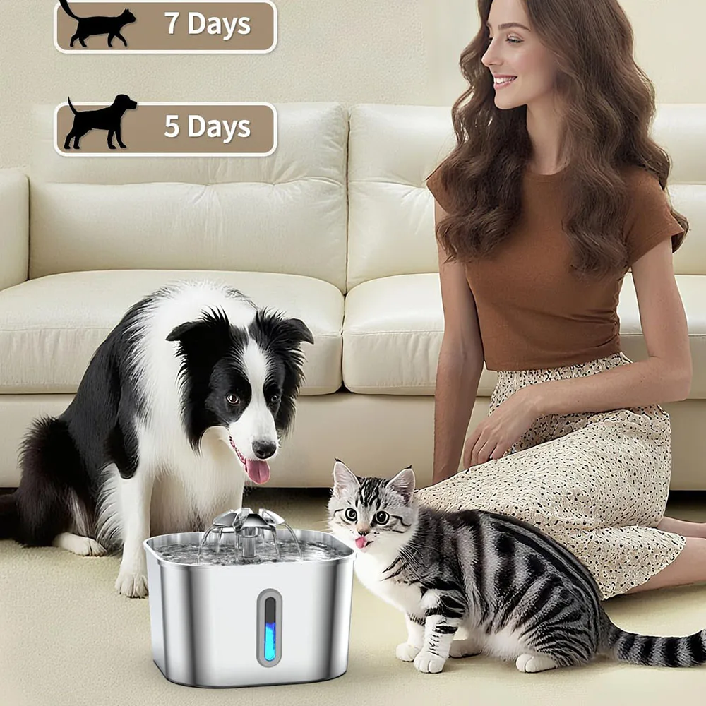 

2.2L Automatic Pet Fountain Stainless Steel Water Dispenser Silent Water Pump Circulation Filtering Visual Window Water Feeder