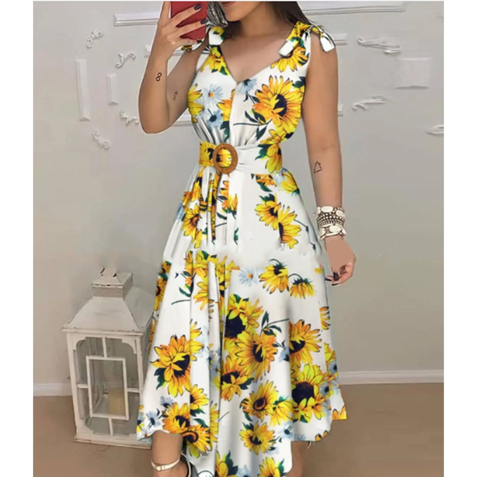 Women's Floral Printed Sleeveless Dress Lacing V Neck Soft Breathable Dress for Daily Wear Shopping Work