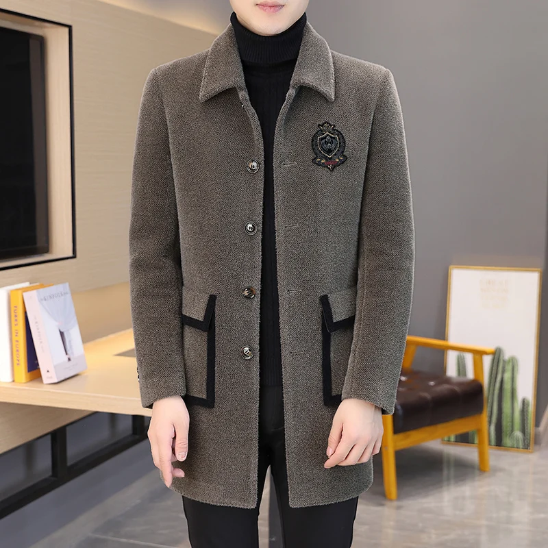 2022 Winter Imitation Mink Velvet Wool Blends Jacket Men Casual Business Long Coat Social Streetwear Slim Overcoat Windbreaker