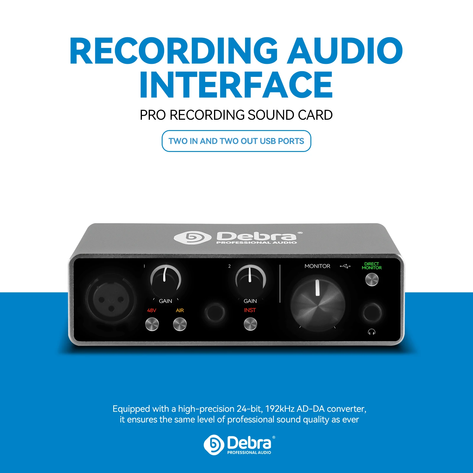 Interfaccia audio USB Debra 2e2s, scheda audio 24 bit/192 kHz con alimentazione phantom 48 V, doppia uscite TRS Connettività di tipo C per studio