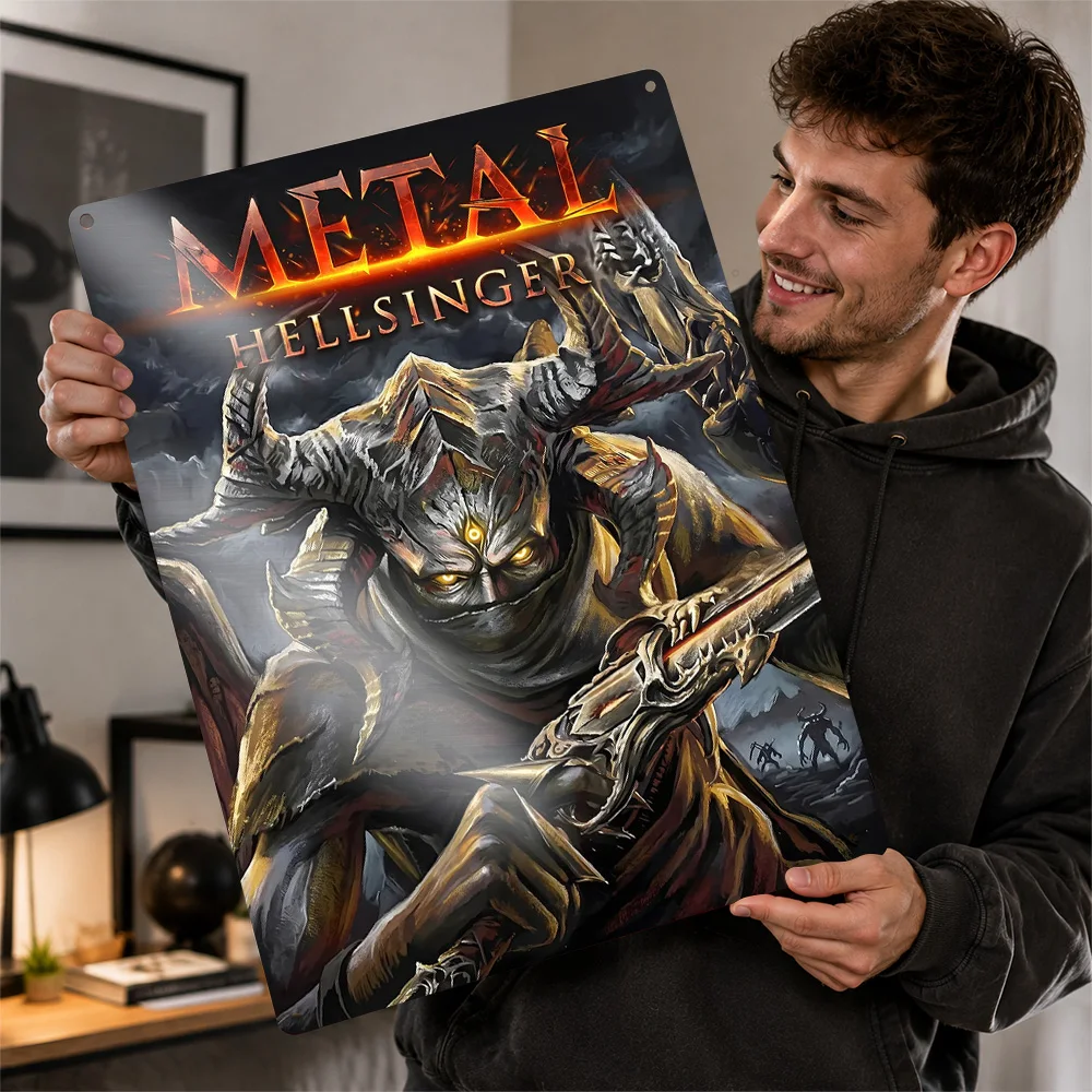 Hellsinger Armored Demon Textured Poster Personalized Aluminum Metal Sign Haunted Adventure Style Wall Art Collector Den Decor
