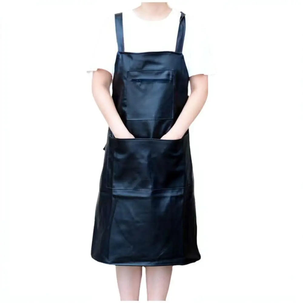 Korean Design Soft Leather Apron Waterproof Oilproof Cooking Bib Durable Cross Shoulder Strap Unisex Professional Work Smock