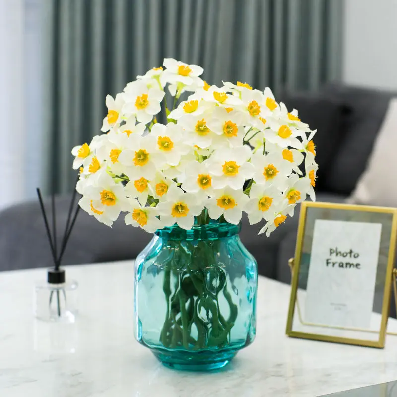 6Pcs/Bunch Silk White Yellow Daffodil Artificial Narcissus Flower Wedding Bouquets Home Decor Living Room Party Table Ornaments