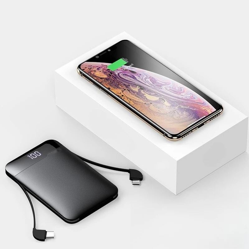 10000mAh Ultra-thin Mini Fast Charging Power Bank with Built-in Cable