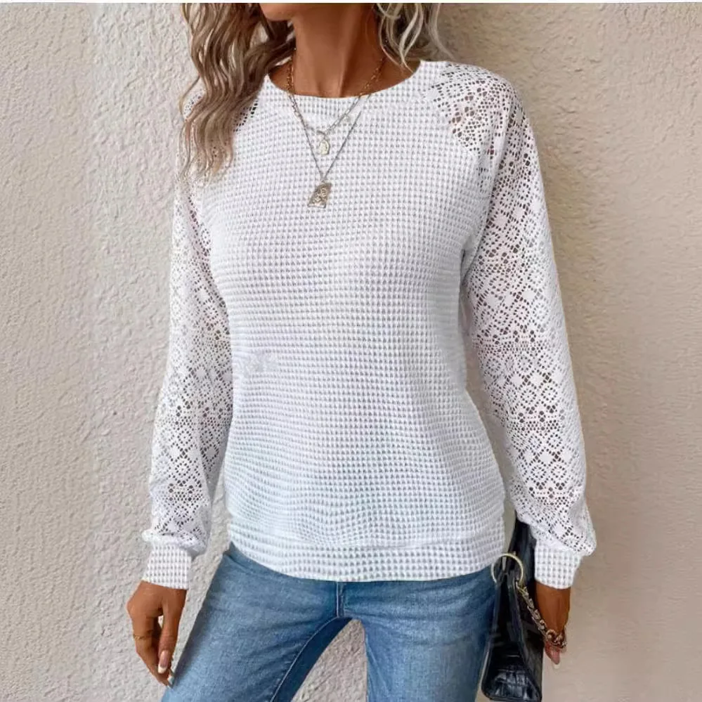 

Spring Autumn Women's Long Sleeve T-shirt O-neck Waffle Patchwork Hollow Fashion Top Casual Pullover White Versatile Black Tees