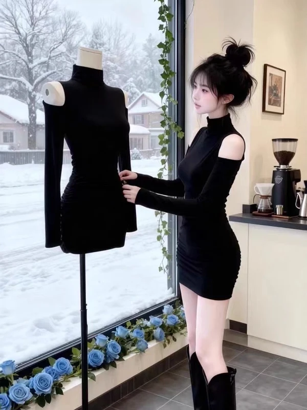 

Sexy Chic oulder Bared Long Sve Dr Women's Autumn Winter Pure Bla High Collar Bodycon Skirt Design Sensation