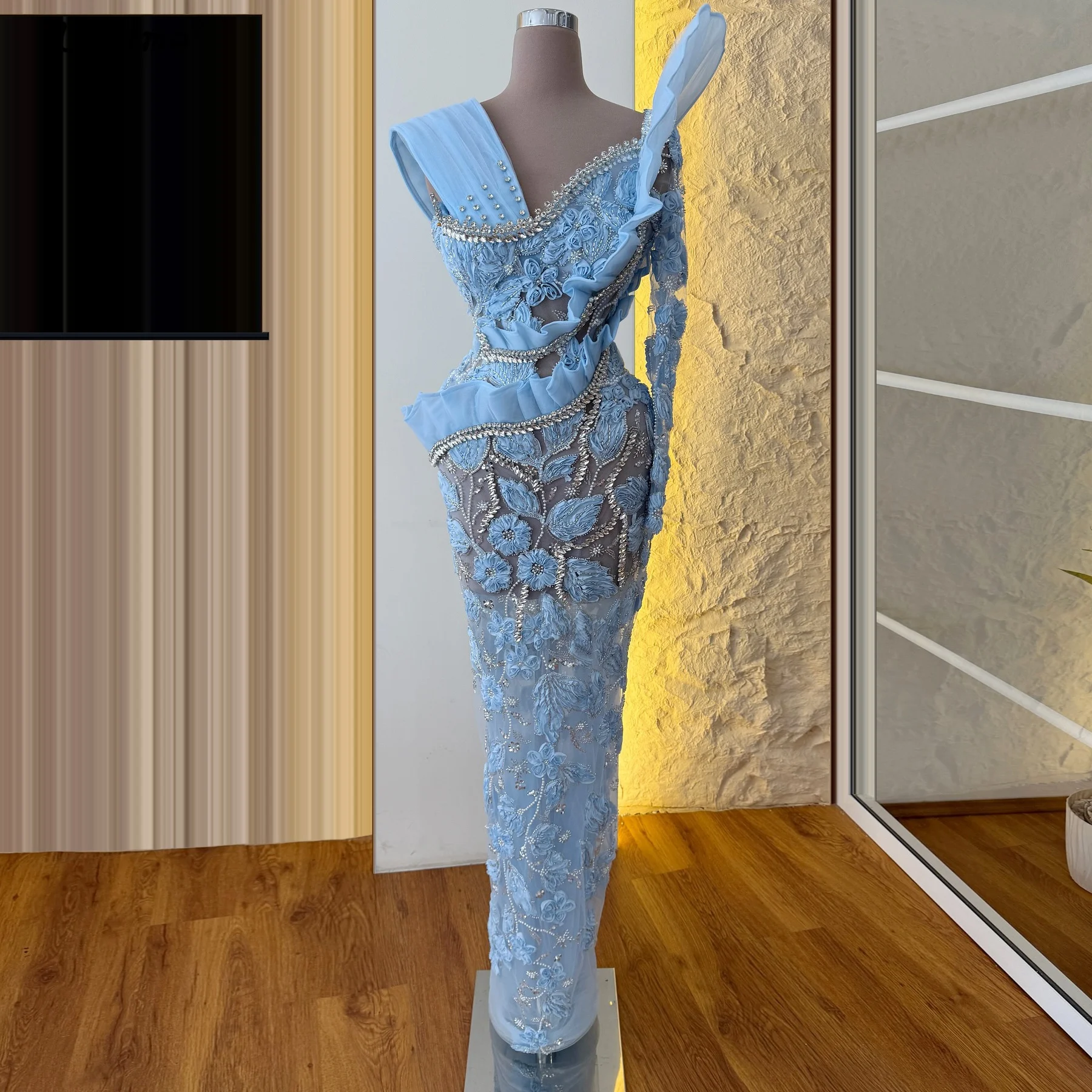 فستان حورية البحر مزين باللون الأزرق من التول كريستال Bodycon ثوب مسائي لحفلات الزفاف فستان سهرة رسمي قابل للتخصيص