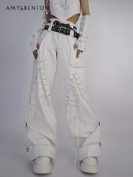 Gothic Lace-up Pleated Double Belt Y2k Pants Fashion Casual High Street Streetwear Women Retro Punk Loose Wide Leg Pants Couple