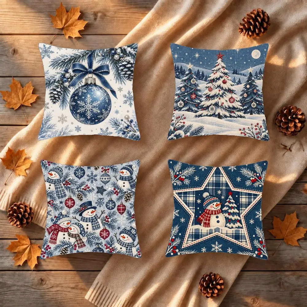 Blue Winter Christmas Art Cushion Cover 1/4Pcs Soft Plush Throw Pillow Cover Double-Sided Print Sofa Living Room Decor