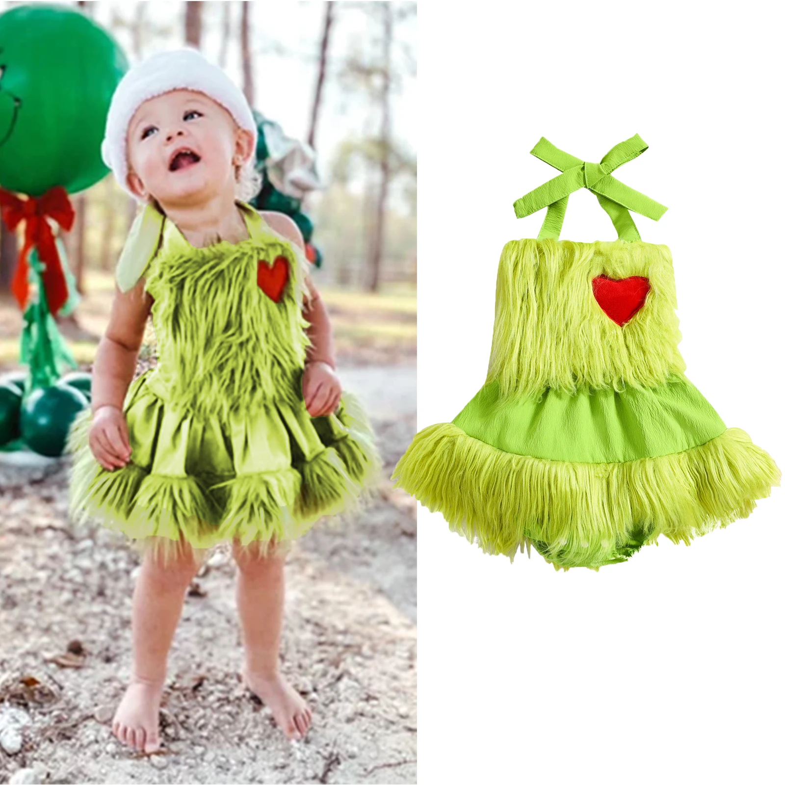 2023-08-02 Lioraitiin 0-24M Baby Girl Christmas Bodysuit Sleeveless Halter Neck Fuzzy Romper Dress Infant Playsuit Furry Costume