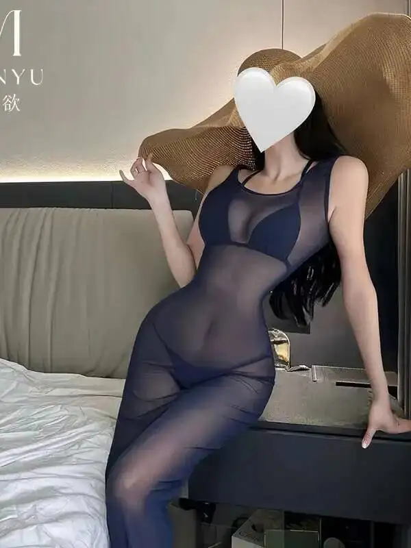 Mesh Kant Sheer Diepblauw Cover Shirt Tank Vest Transparant Strak Nachtjapon Pure Desire Jurk Elegant 2025, Nieuwe Jurken 4IKA
