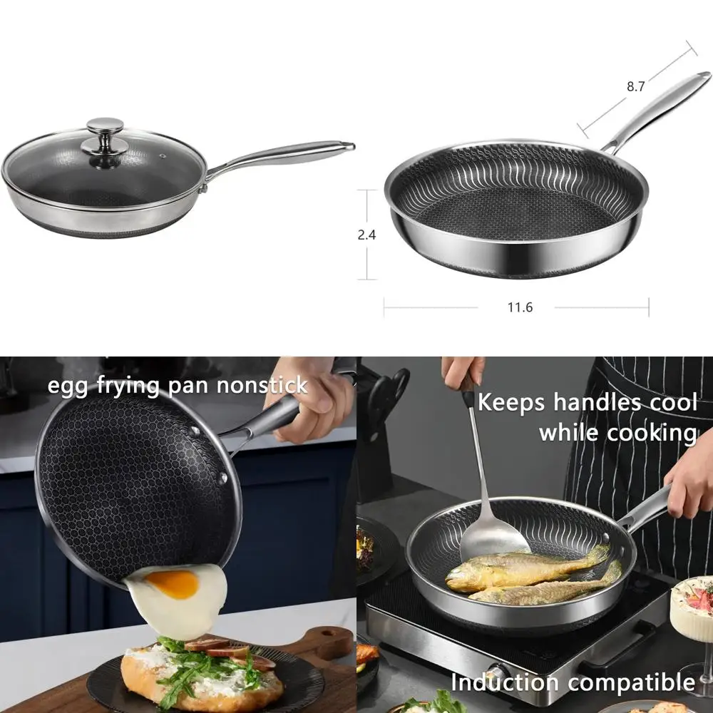 

Сковорода из нержавеющей стали с антипригарным покрытием, 11,6 дюйма, со стеклянной крышкой, без PFOA, крутая ручка, легко чистится, подходит для индукционных варочных панелей