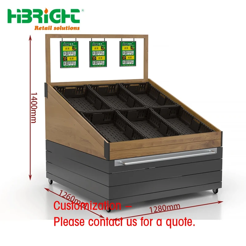 custom.Highbright Hot Selling Wood Customized Double Side Color Supermarket Wheel Vegetable Display Rack