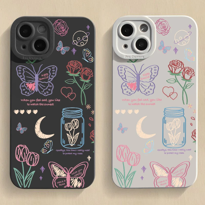 Colorful line butterfly Silicone Phone Case For iPhone 11 12 13 14 15ProMax XS XR 7 8 6 Plus SE2020 Camera Lens Protection Cover