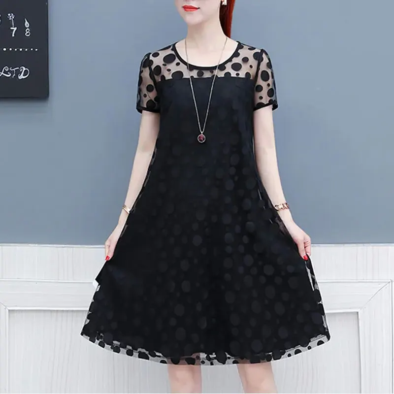 Sommerliches neues Gaze-Patchwork-Midikleid im koreanischen Polka-Dot-Stil mit Cut-Outs, O-Ausschnitt, zweiteiligem Look und A-Linien-Schnitt für Damen