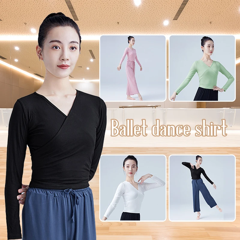 

Green/Black Women Ballet Dance Shirts Adults Teen Ballet Tops Elastic Knitted V-Neck Long Sleeve Undershirts Strap Dance Costume