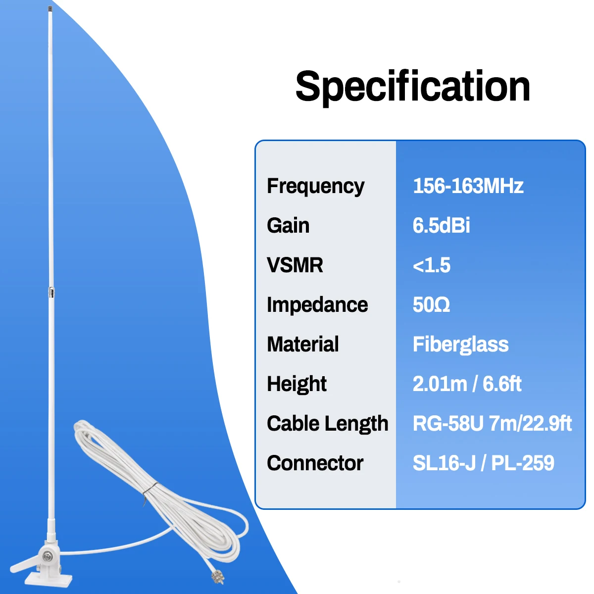 ABBREE 2M VHF Marine Radio Antenna High Gain 6.5dBi Waterproof Fiberglass RG-58U Sturdy Base Mount Ship-to-Ship Communication