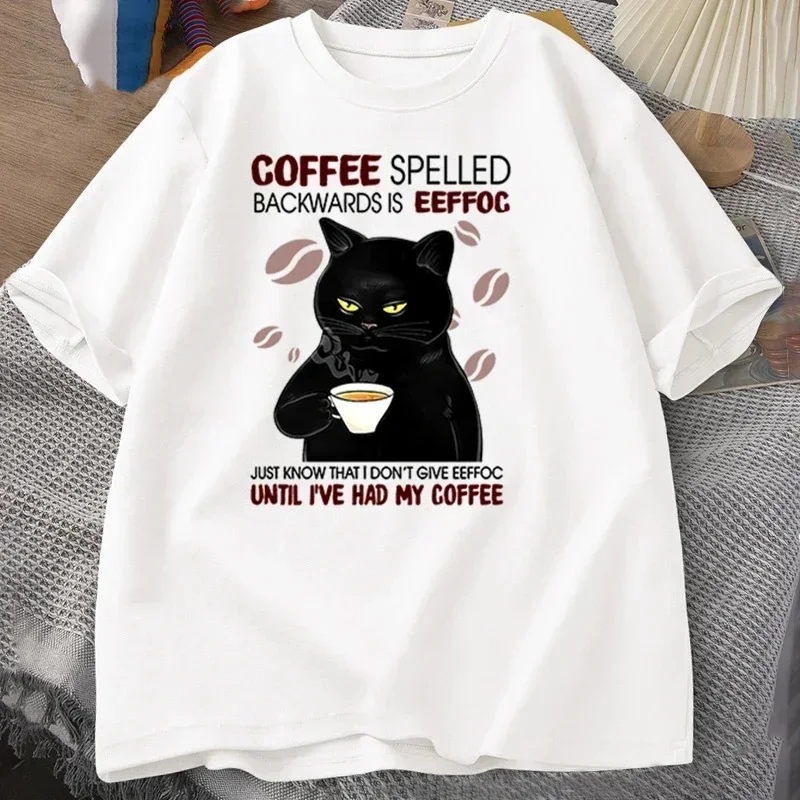 2024Coffee Spelled Backwards Cat T-shirt Funny Cute Graphic Tees Unisex Cotton  T Shirt Mens Clothes oversizedt-shirts