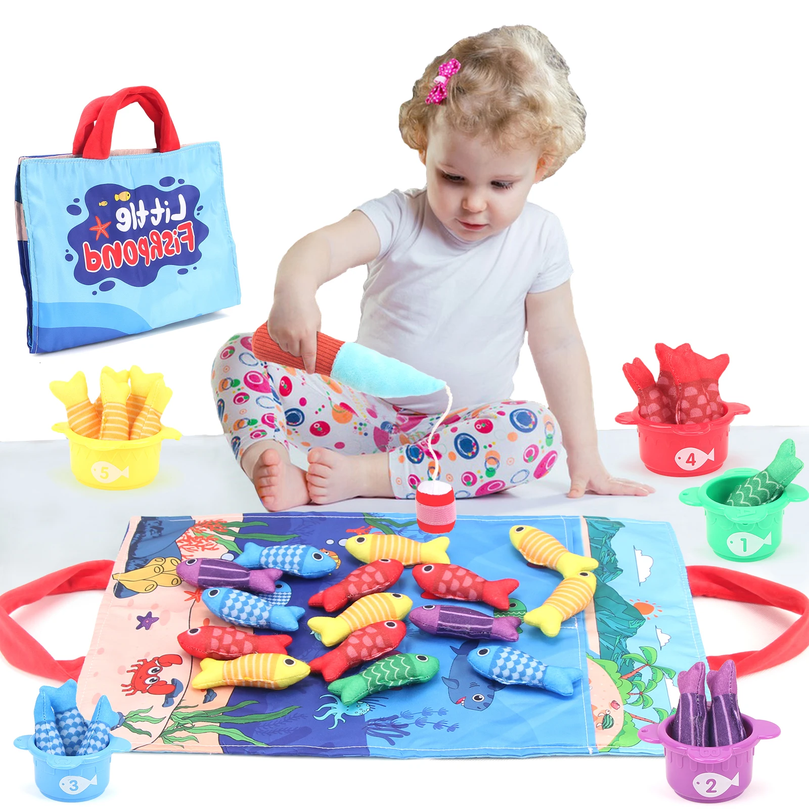 아기 낚시 장난감 플러시 작은 Fishpond 세트 낚시 게임 시뮬레이션 번호 색상 인식 미세 모터 훈련 몬테소리 장난감