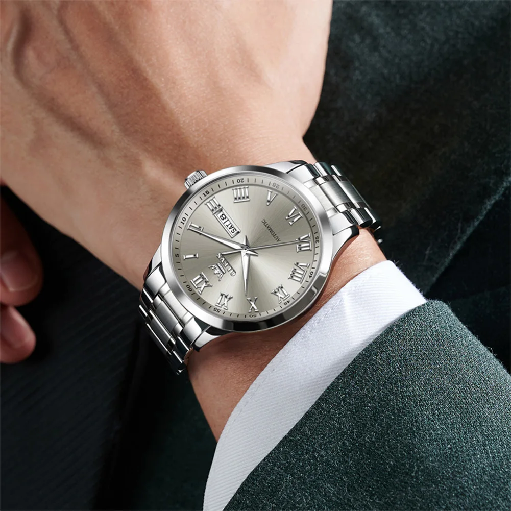 

OLEVS деловые автоматические мужские наручные часы с датой, водонепроницаемые светящиеся роскошные мужские часы из нержавеющей стали, механические мужские часы, мужские