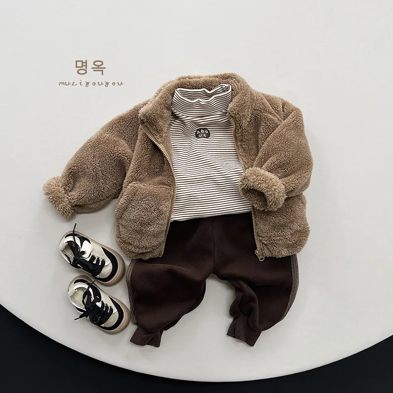 2024 Winter New Children Long Sleeve Plush Coat Plus Velvet Thick Girls Warm Jacket Kids Boys Cotton Fleece Coat Baby Clothes