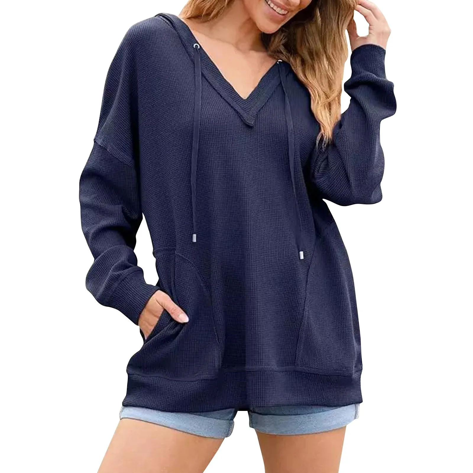 Ladies' Basic Lazy Style Loose Versatile Daily Hoodied Top Solid Color Fashion Streetwear V-neck Sweatshirt With Pockets