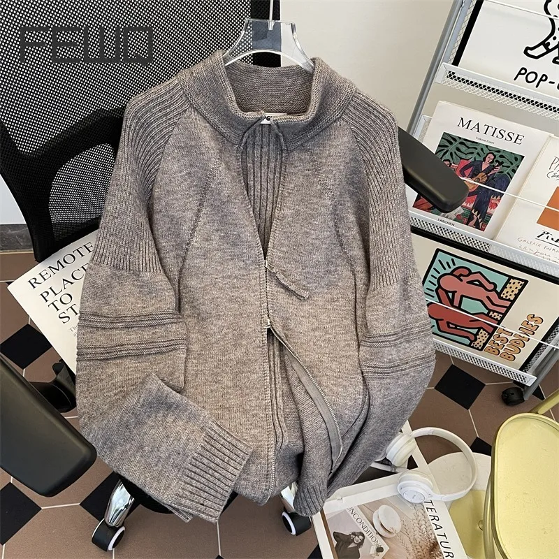 

FEWQ Zipper Casual Sweater Knit Stand Up Collar Cardigan 2024 Autumn Winter Solid Color Long Sleeve Male Tops Fashion 24E5053