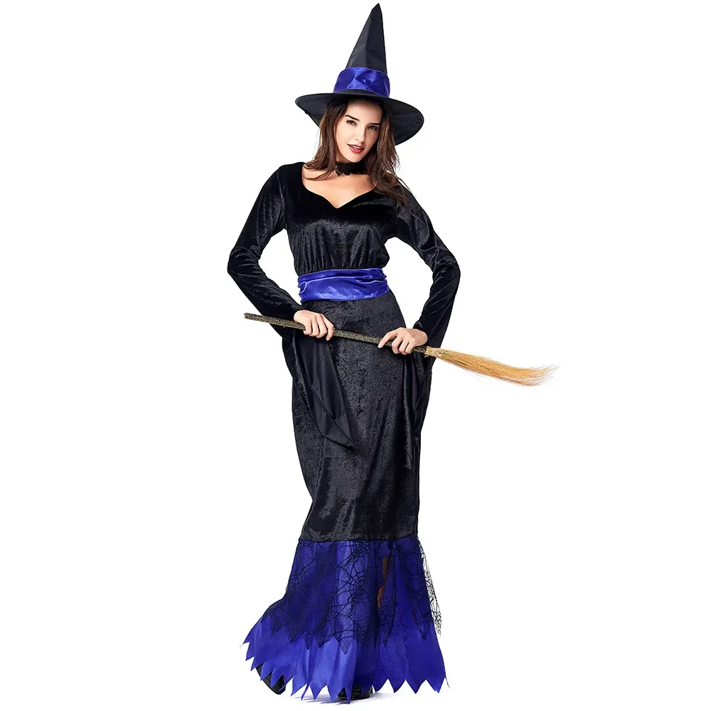 Blauwe Zwarte Vrouwen Glamoureuze Heks Kostuum Lange Verkleedkleding Halloween Carnaval Purim Party Cosplay Kostuums