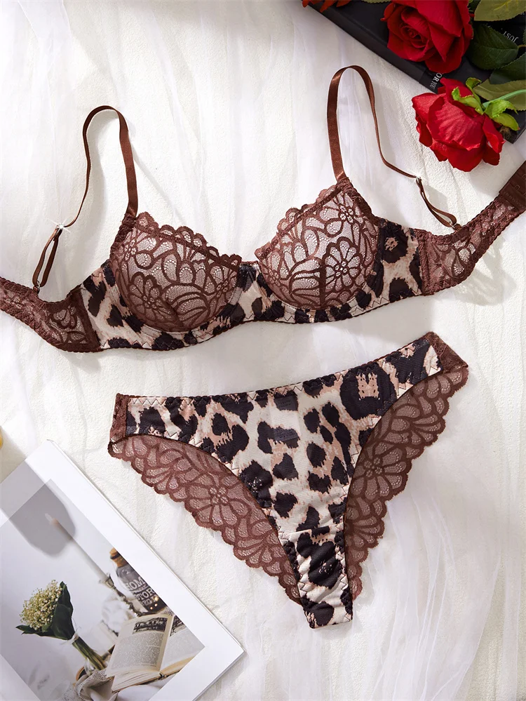 Sexy Lingerie for Woman Dark Brown Leopard Splicing Lace Underwear Hollow Spicy Girl Lingerie Set Ultra Thin Three-Point Bra Set